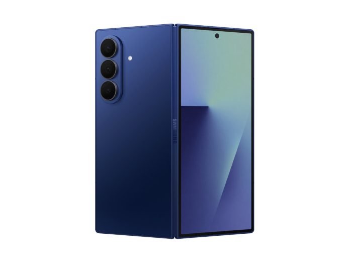 half open rear view in Blue Shadow colour showing front and rear Samsung Galaxy Z Fold7